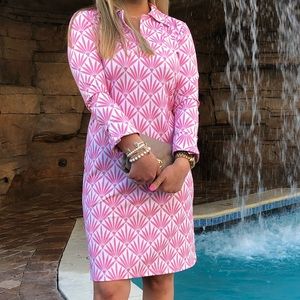 Pink and white patterned dress.